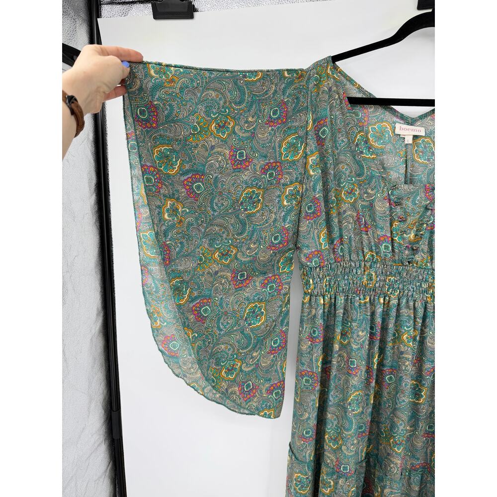 Anthropologie Boemo Green midi dress Paisley Tiered smocked Size L  Boho Regency - Picture 4 of 11